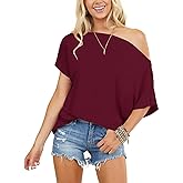 Mcnlyce Off the Shoulder Tops for Women Short Sleeve Batwing Shirts Oversized Tee Tunic Summer Casual Loose Fit