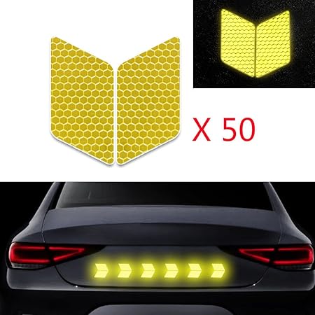 Amazon 50 枚セット 超高輝度 安全警告反射ステッカー 車用 反射テープ 自己 接着ビニール 防水 事故防止 安全表示 夜間に目立つ 反射フィルム 道路安全について 安全服 ダイヤモンドの形 イエロー ステッカー デカール 車 バイク