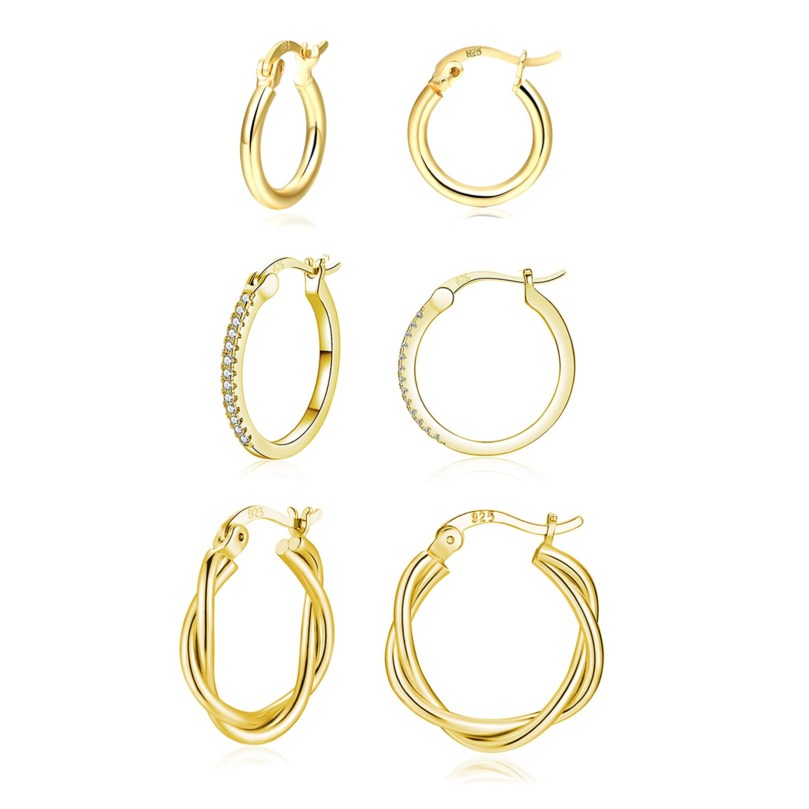 EPVOA Gold Hoop Earrings for Women, 925 Sterling Sliver Hoop Earrings for Girls, Hypoallergenic Hoop Earrings Set, Gold Hoops Earrings for Men, Sizes 13/15/20mm