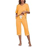 ANLIQI Women's 100% Cotton Pajama Sets Pjs Sleepwear for Women 2 piece Short Sleeve with Capri Pants Soft & Comfy Lounge Set