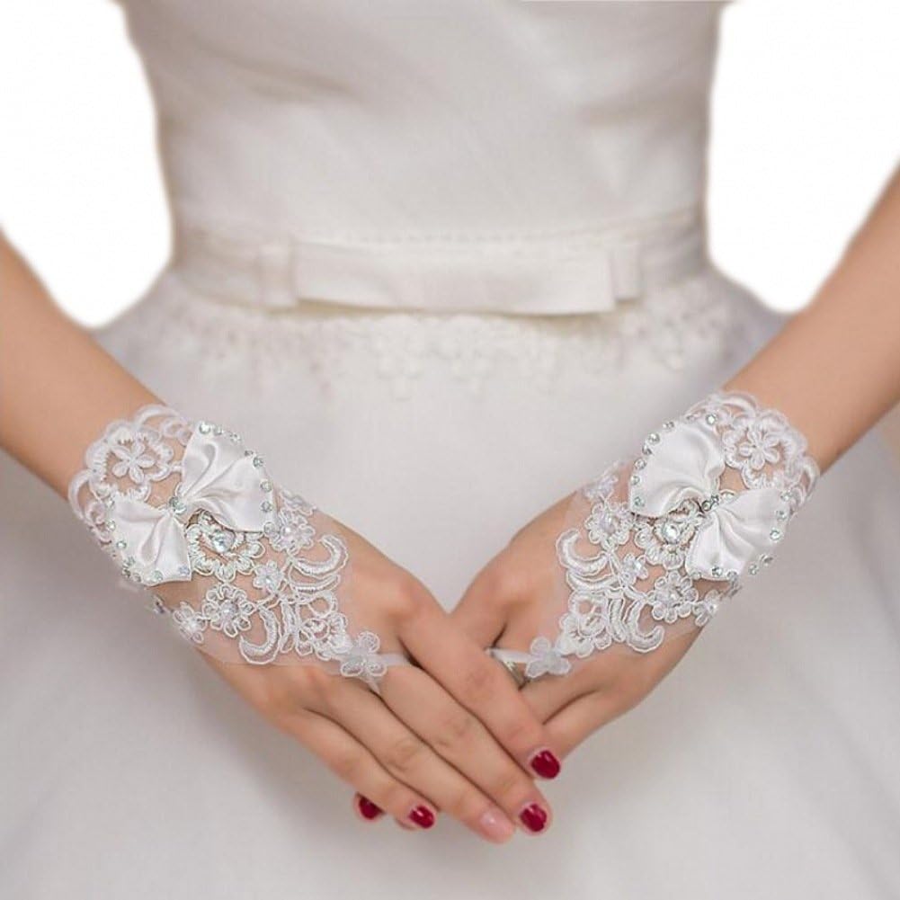 DANYS BRIDAL Short Fingerless Beaded Wedding Gloves White