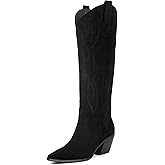 iiimmu Cowgirl Boots Women Knee High Boots Pointed Toe and Block Heel Cowboy Suede and Faux Leather Boots with Embroidered