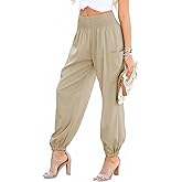 Dokotoo Womens Summer Boho Business Casual Smocked 2026 High Waisted Cargo Summer Long Elephant Pants with Pockets
