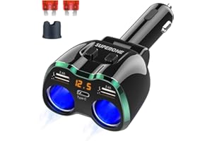 SUPERONE 2 Socket Cigarette Lighter Splitter 12/24V 80W Dual USB Type-C Adapter Independent Switch LED Voltage Display Replaceable 10A Fuse Compatible Cell Phone GPS Dash Cam