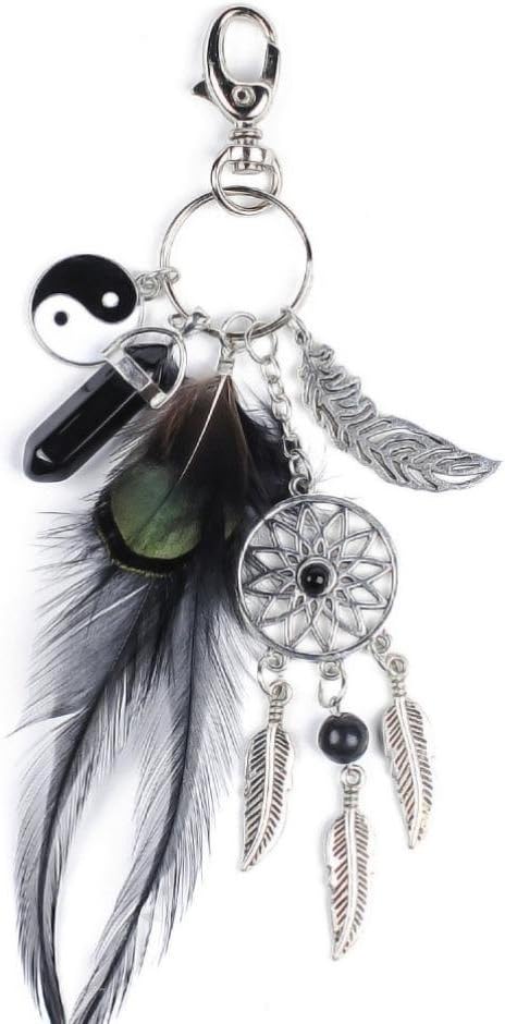 Sikye Rhinestone Keychain, Dreamcatcher Feather Tassel Keychain Bag Handbag Ring Car Key Pendant for Women Girls (Black)