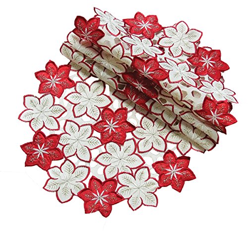 Xia Home Fashions Candy Cane Poinsettia Embroidered Cutwork Christmas Doilies, 16-Inch Round, Set of 4