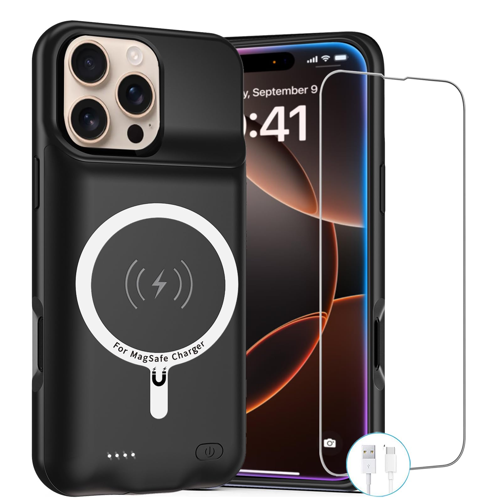 Battery Case for iPhone 16 Pro Max,12000mAh Rechargeable Portable Charging Case with Wireless Charging Compatible for iPhone 16 Pro Max (6.9 inch) with Carplay Extend Battery Pack Charger Case (Black)