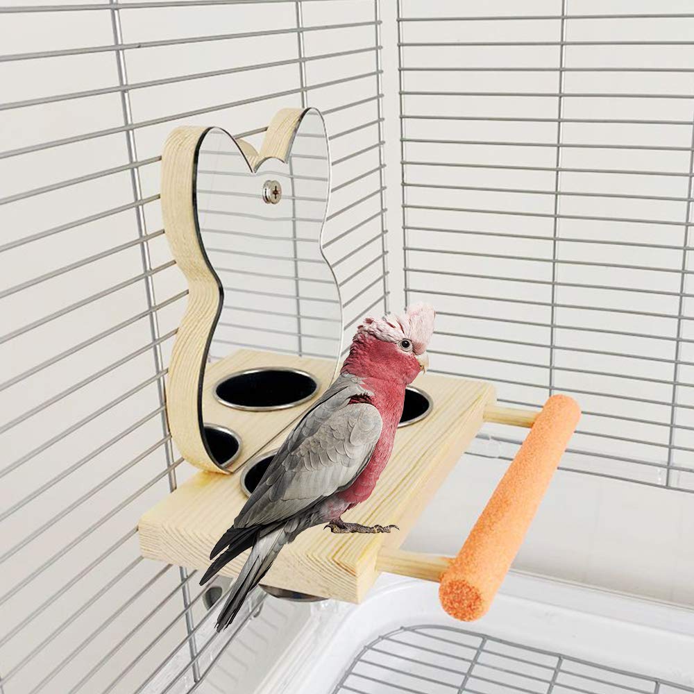 YANGWX Bird Stand Perch with Mirror and Stainless Steel Bowl, Wood Bird Mirror with Wooden,Cage Wood Toy for Parrot Budgie Parakeet Lovebird African Grey Macaw