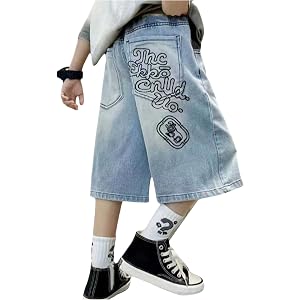 VIPWOLF Boy's Baggy Jorts Graphic Y2k Wide Leg Streetwear Capri Jean Shorts | Elastic Waistband, Loose Oversized Fit, Washed