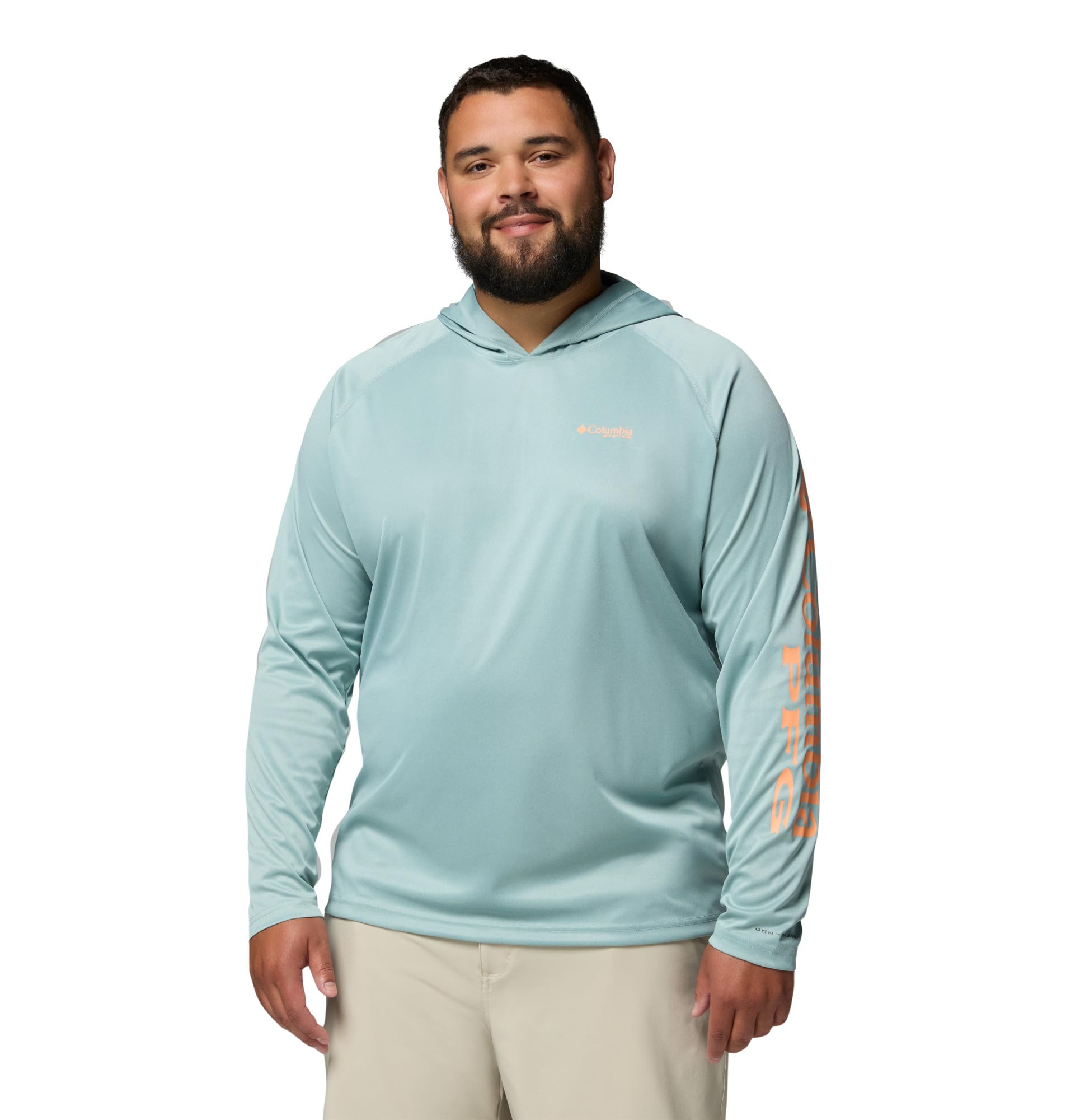 Columbia Mens PFG Terminal Tackle Long Sleeve Fishing Hoodie, Crushed Blue Heather/Bright Nectar Logo, 6X Image