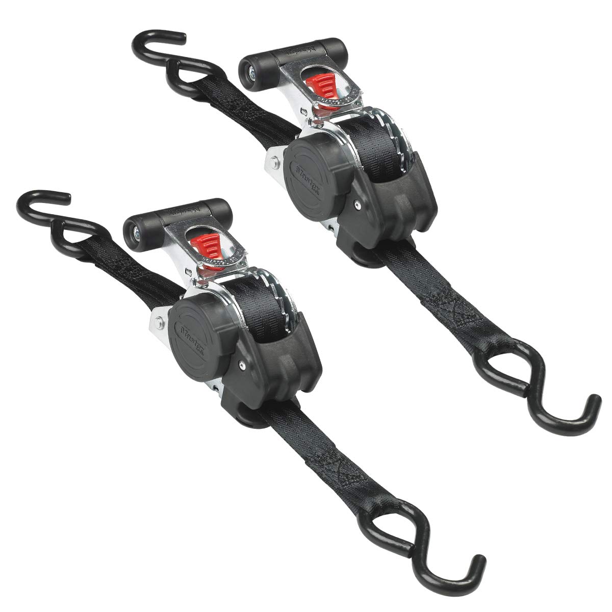 Master Lock 3238EURDAT Retractable Ratchet Tie Down Strap with S-Hooks, Black, 3m x 25mm Strap, Pack of 2