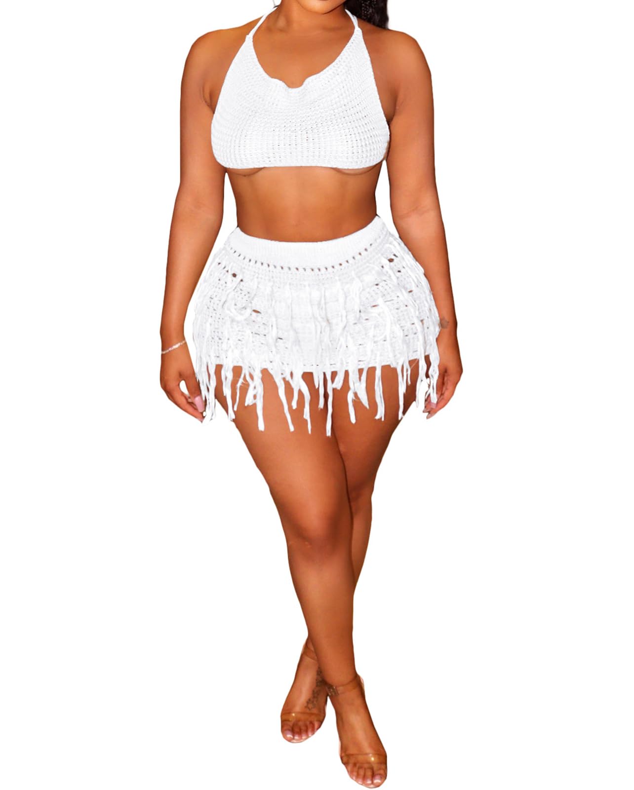 Crochet Tassels Crop Top ＆ Pants Set main image 0