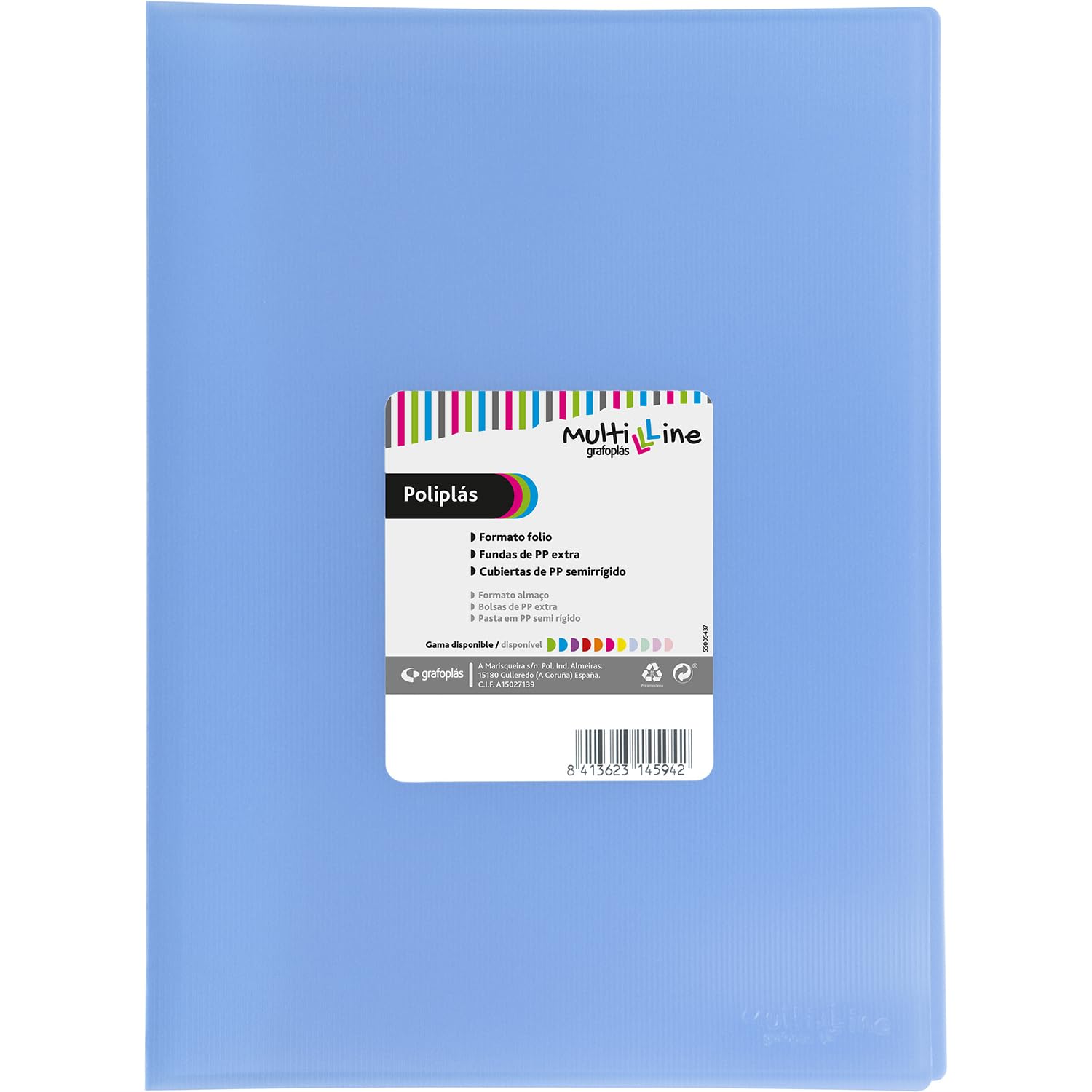 Grafoplás Folder with Transparent Sleeves A4 | Light Blue | 30 Polypropylene Sleeves | Folio Size | Flexible Cover | Multiline Polypropylene | Perfect School and Office Supplies