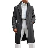Runcati Mens Trench Coat Notched Lapel Double Breasted Mid Long Pea Coat Casual Fall Winter Classic Overcoat