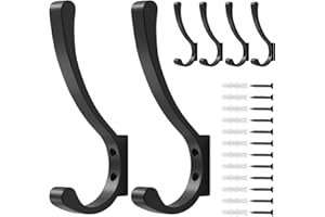 6 Pack Large Heavy Duty Coat Hooks, Black, Screw in Metal Wall Hooks for Hanging Coats, Backpacks, Purses