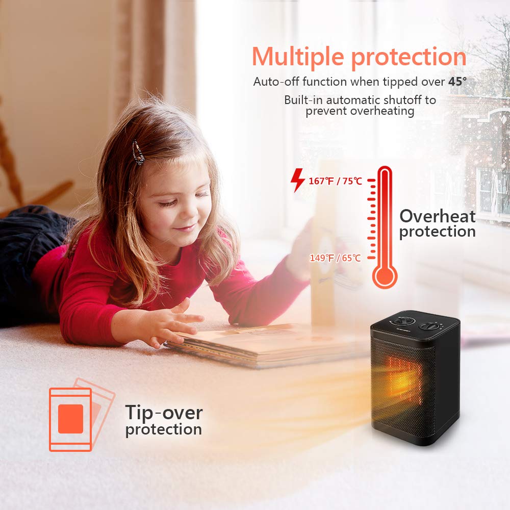 Portable Indoor Electric Space Heater- 3 Settings(1500/750W), Adjustable Thermostat with PTC Ceramic Heating Element, Tip-Over and Overheat Protection, for Office, Home