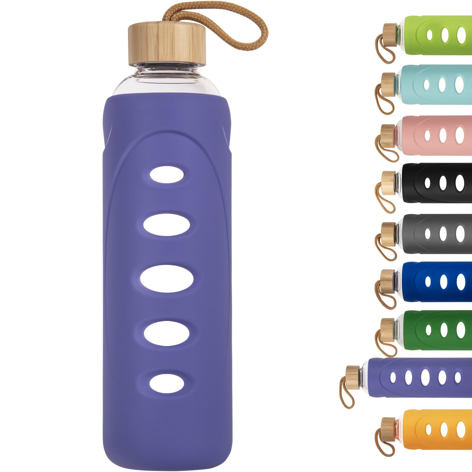 Ferexer 1 litre / 1l / 1000 ml Sport Borosilicate Glass Water Bottle with Protective Silicone Sleeve and Bamboo Lid (violet)