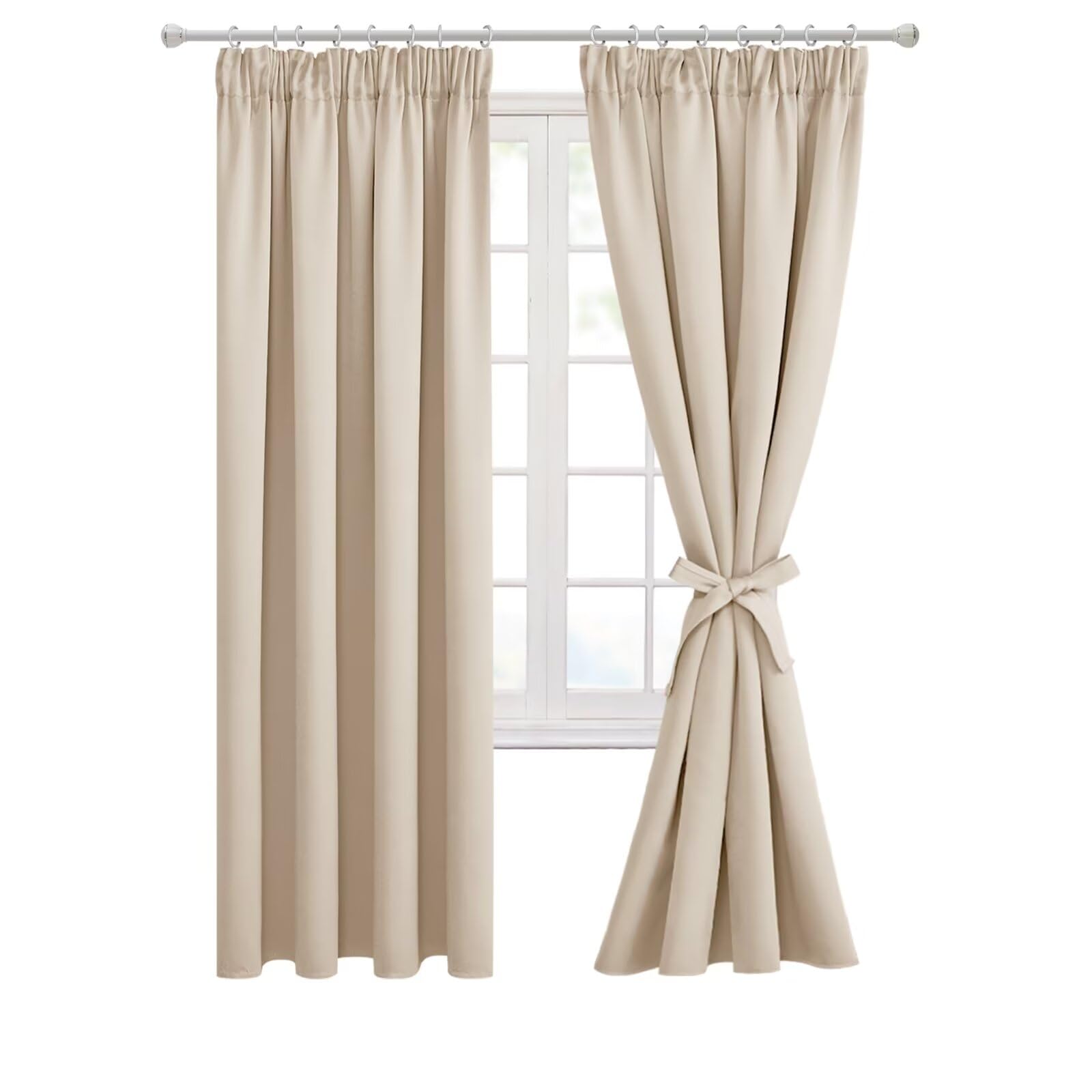 Hiasan Pencil Pleat Blackout Thermal Insulated Curtains, Bedroom and Living Room with Tiebacks, Energy Saving and Noise Reducing, 2 Panels, 46 x 72 Inch, Beige
