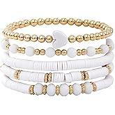 Caiyao Bohemia Multilayer Heart Clay Stackable Bracelets Set Colorful Surfer Heishi Clay Gold Beaded Stretch Bracelets for Women Men Summer Beach Boho Vacation Jewelry Gifts