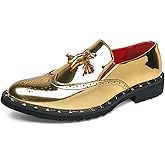 TengfeiFly Men's Metallic Leather with Tassel Slip On Loafers Brogue Rivets Low Heel Wingtip Dress Shoes for Men Lightweight Soft Comfortable Breathable for Party Wedding Formal Business Office