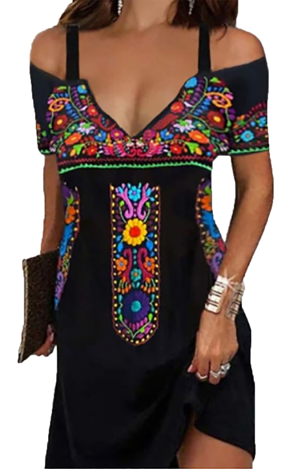 Photo 1 of 905Black S Summer Dresses for Women 2024 Cold Shoulder V Neck Vintage Print Cami Dress Beach Vacation Boho Mini Sundress