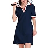 WOWULOVELY Polo Dress for Women V Neck Casual Short Sleeve Mini Shirt Dress Flowy Contrast Color Golf Tennis A Line Dresses(Navy-L)