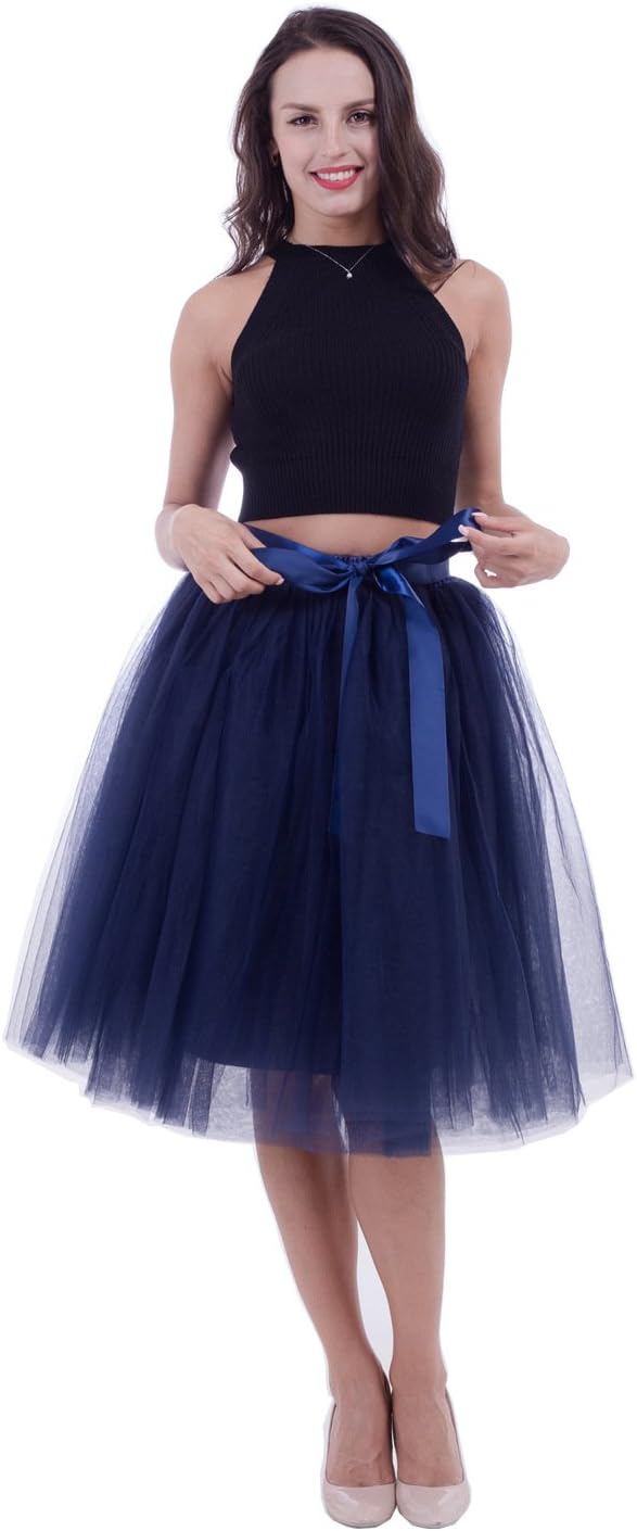 Women's Tulle Skirt 7 Layers Tutus for Women A Line Knee Length Petticoat Wedding Party Adult Midi Skirt