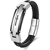 BIYONGDE Mens Stainless Steel Silver Black Cross ID Identification Black Braided Leather Bangle Bracelet, Religion Prayer, Unique Cool