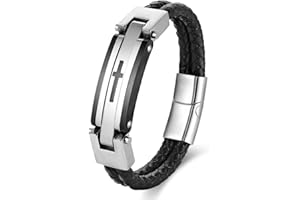 BIYONGDE Mens Stainless Steel Silver Black Cross ID Identification Black Braided Leather Bangle Bracelet, Religion Prayer, Unique Cool