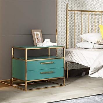 Amazon Com Bedside Table Golden Metal Frame Bedside Table Night Stand Storage With 2 Drawers Chest Bedroom Storage Compartment Color Green Size 45x40x50cm Furniture Decor