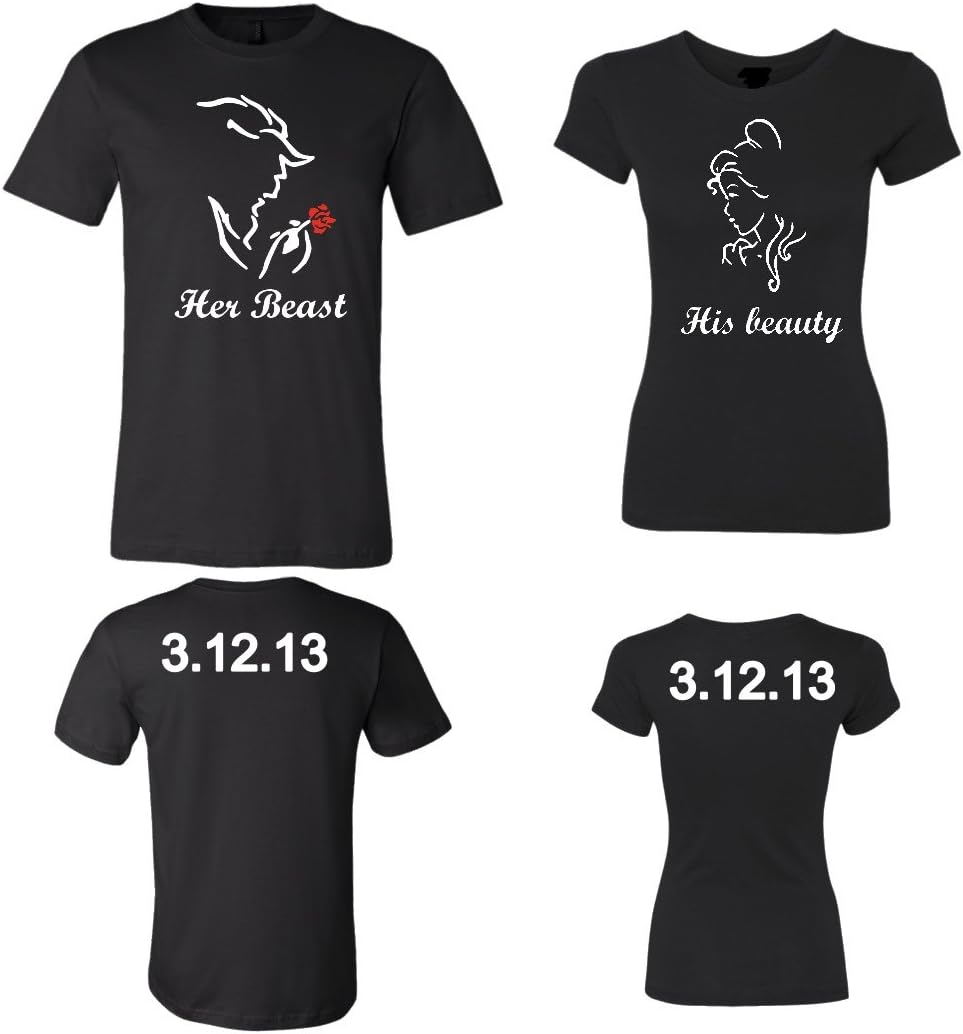 Her Beast His Beauty Customized Couple Shirts, Custom Date on The Back Newlywed Anniversary Wedding Matching T-Shirts