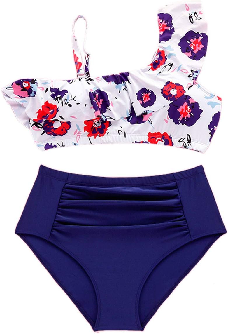 DREAM SLIM Women Two Piece Plus Size Swimwear Cute High Waist Swimsuits Double Ruffle Flounce Print Bathing Suits XL-4XL