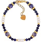 MINACHI Bohemian Retro Vintage Lapis Lazuli and Freshwater Pearl Beads Bracelet, Stainless Steel Clasp, Women's Gift Jewelry