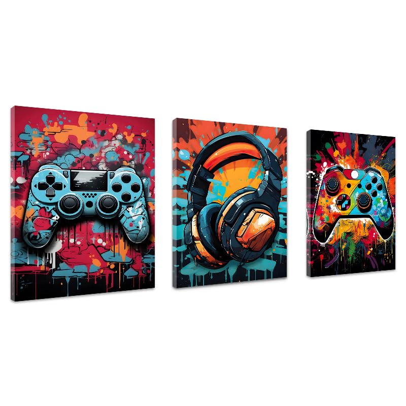3 Pcs 16" x12'' Framed Gaming Room Decor Canvas Wall Art Video Game Art Prints , Gaming Theme Watercolor Posters Prints for Boys Kids Teen Game Room Bedroom Playroom Wall Decor (12x16inch,Colorful)