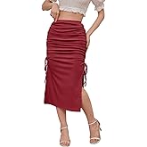 HERBATOMIA Women’s Midi Ruched Skirt Bodycon Tight Stretchy High Elastic Waist Long Summer Skirts for Women with Slit
