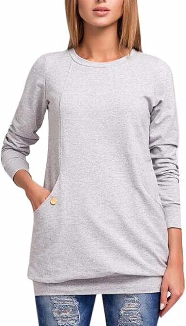 QIYUN.Z Blusas Largas Grises Ocasionales De La Blusa del Suéter De La Manga De Las Mujeres con El Bolsillo: Amazon.es: Ropa y accesorios