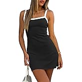 Misng Women's Sleeveless Ribbed Mini Dresses Contrast Color Spaghetti Strap Knit Casual Bodycon Slim Fit Color-Block Dress
