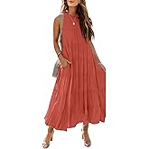 HAEOF Women's Summer Sleeveless Halter Midi Maxi Dress Casual Loose Fit Pleated Tiered Flowy Beach Vacation Long Sundress