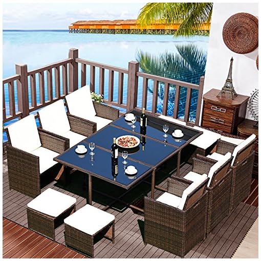 Tangkula Patio Dining Set 7 Pcs Outdoor Garden Poolside Balcony Rattan Wicker Metal Frame Space Saving Cushioned Sets W Beachfront Decor