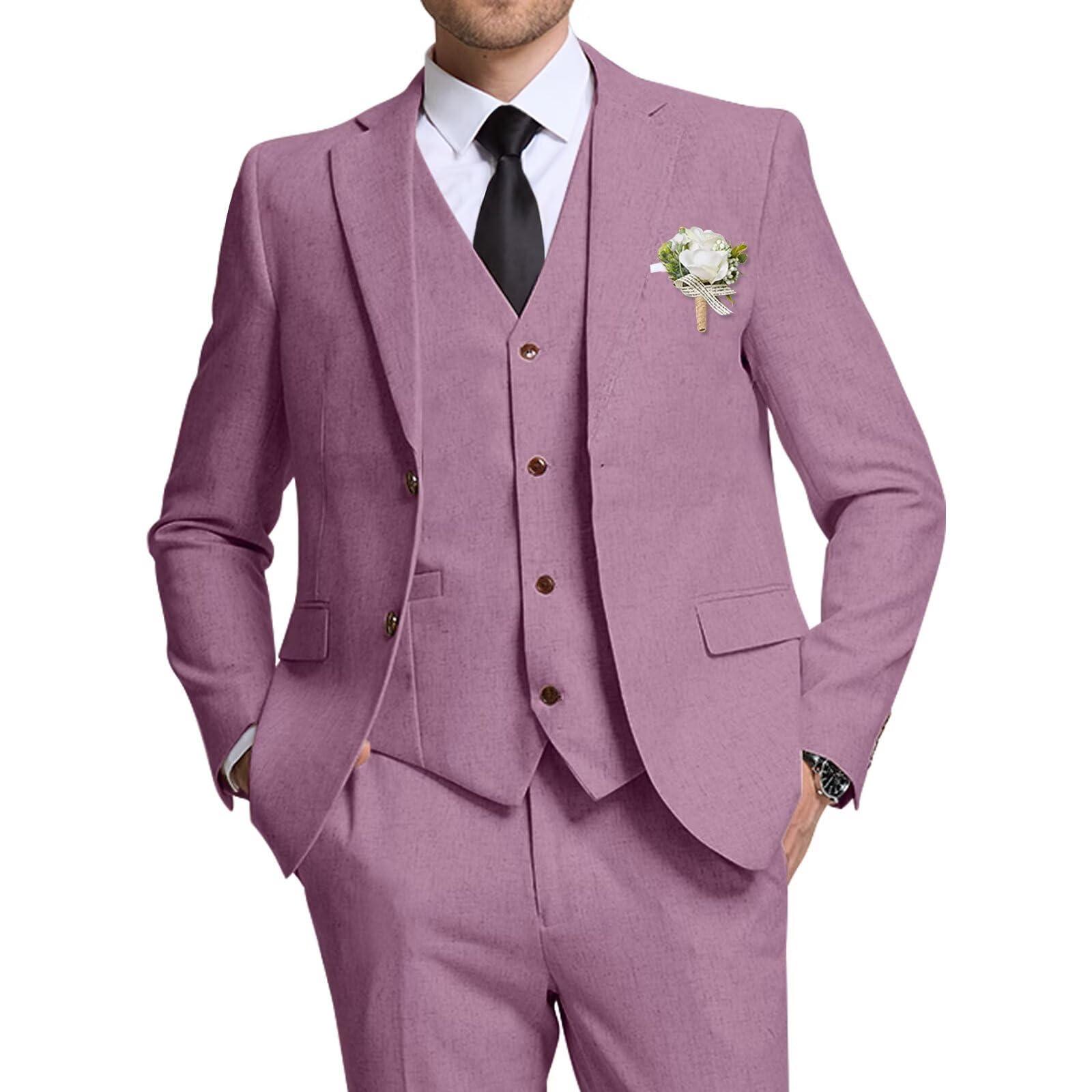 High-End Suits Retro Light Purple Linen Men Suit