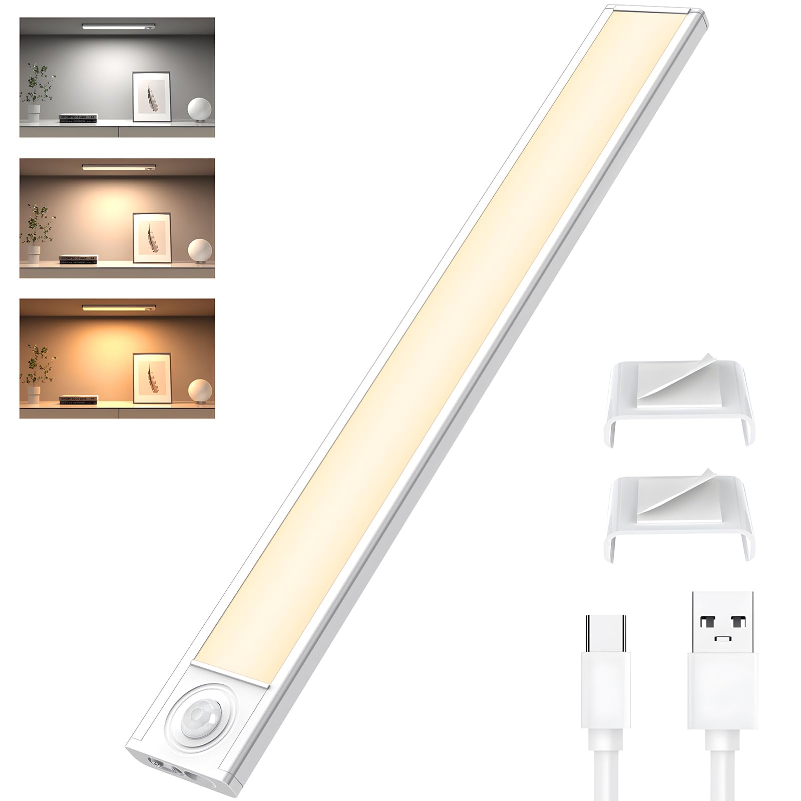 Exsight Under Cabinet Kitchen Lights, 30CM LED Motion Sensor Cupboard Light Indoor, 3 Color Temperature Stepless Dimming, USB-C Rechargeable Night Light for Stairs, Wardrobe, Hallway, Kitchen, Garage