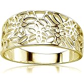 Hoops & Loops 925 Sterling Silver Filigree Flower Ring for Women Teen Girls, Silver, Yellow Gold, Rose Gold Size 5-9