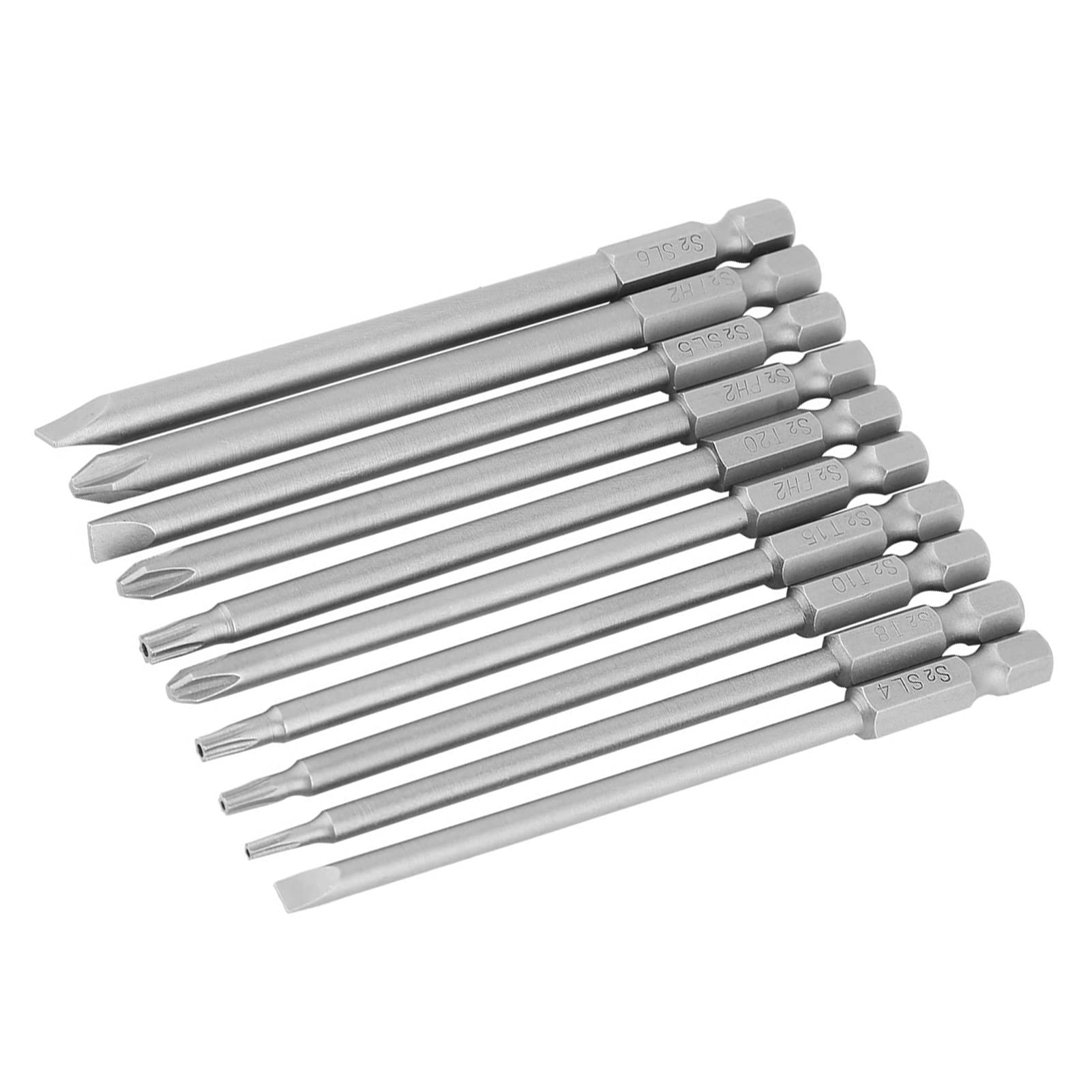 10Pcs Screwdriver Bit Set, 1/4" Hex Shank 100mm/4 Inch Long Magnetic Screwdriver Bits Set, Hex Head Allen Wrench, Torx Security, Cross Phillips & Flat Head Slotted Tip Bit