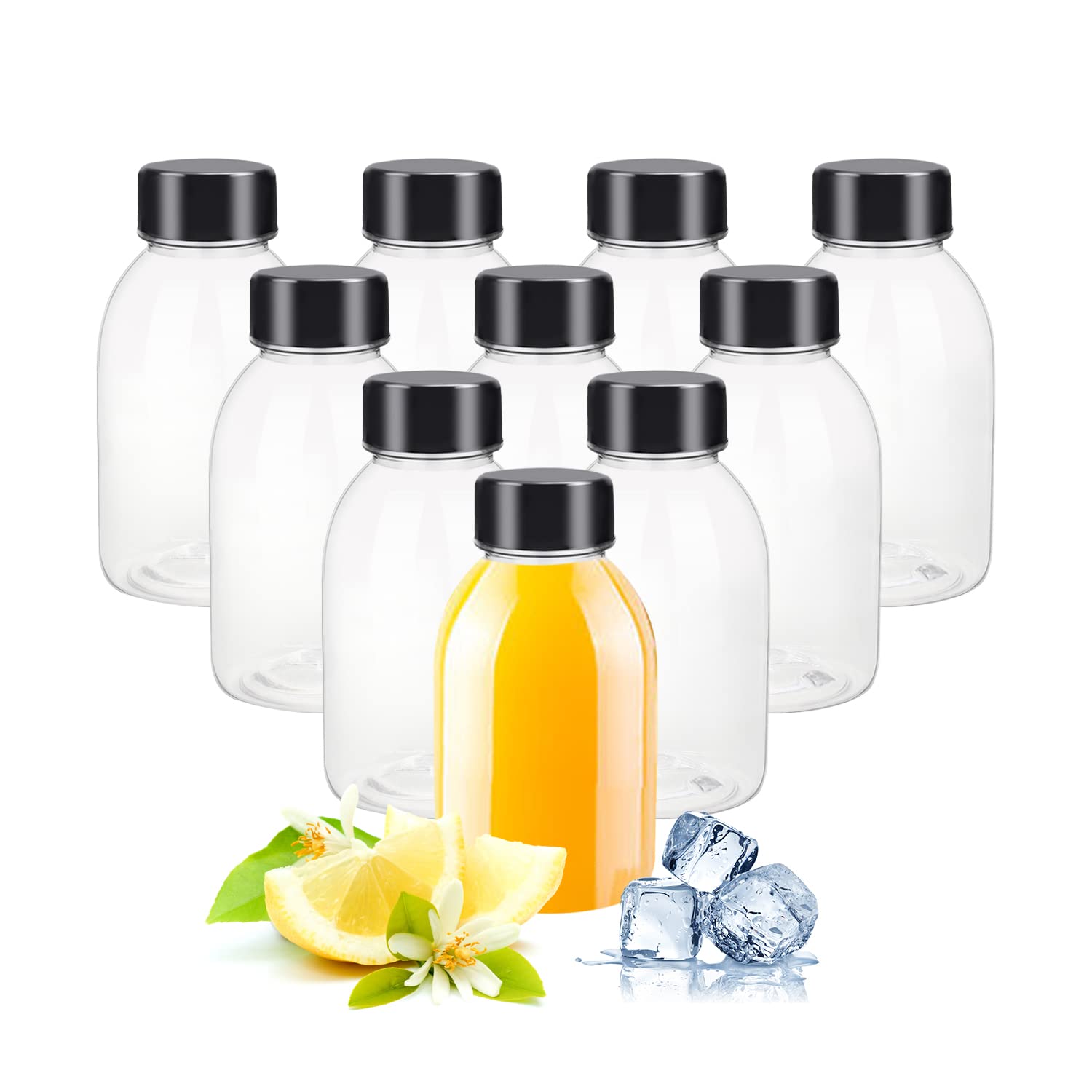 YBCPACK 12 Pack 8 OZ (250 ml) Clear Plastic Juice Bottles with Lids，1 Brush - Empty Plastic Smoothie Bottles Ideal for Juice, Milk, Homemade Beverages