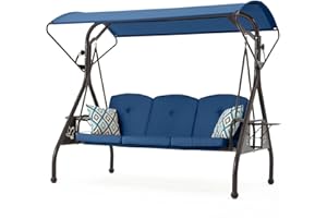 ZZW 3-Seat Outdoor Porch Swing with Stand, Patio Swing with Canopy, 2 in 1 Porch Swing Bed & Patio Swing Chair for Adult, Yard Swing w/Extra Pillows and Cup Holder (Blue, Style C)