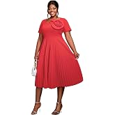 AOMEI Women's Chiffon Long Sleeve with Flower Pleated Elegant Midi Summer Dress