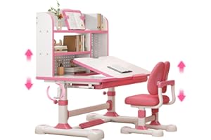 CHIOMEY Kids Desk and Chair Set, Ergonomic Height-Adjustable Study Desk with Easy Crank Lift, 50° Tilting Desktop, Storage Drawer & Built-in Bookstand for Ages 3–12 (013 Pink)