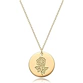 MYEARS Women Birth Flower Necklace Gold Coin Engraved Disc 12 Month Flower Bouquet Pendant 14K Gold Plated Dainty Chain Personalized Floral Jewelry Birthday Gift