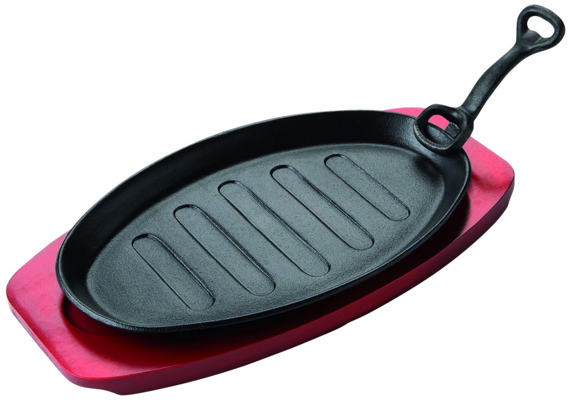 Large Size Oval Cast Iron Sizzle Platter Hot Plate Griddle and Wooden Base
