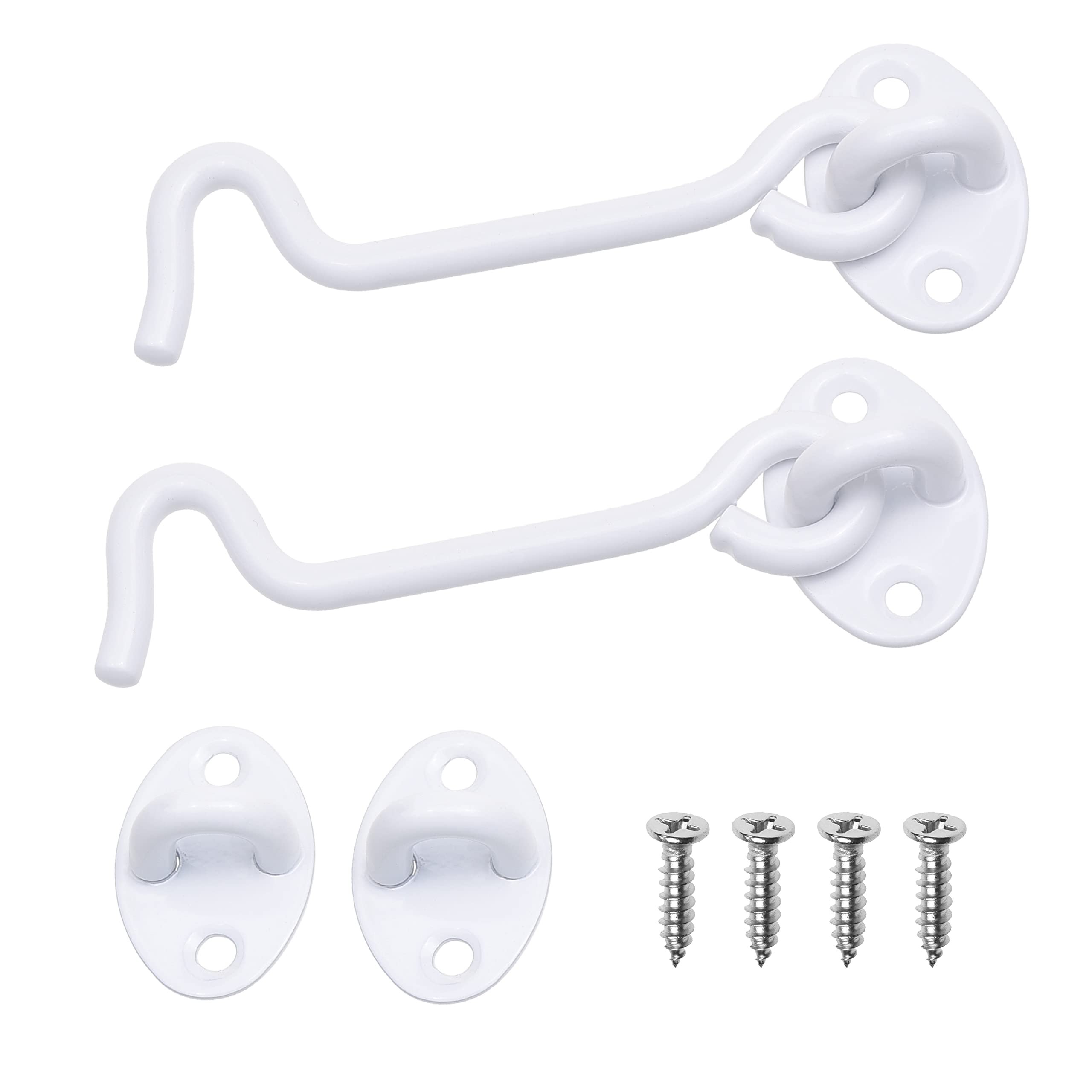 ECO-FUSED 4-inch Heavy Duty Hook and Eye Latch - 2X Barn Door Lock (White), 8X Mounting Screws - Powder Coated Stainless Steel Hooks for Door, Windows, Sheds, Fences, Gates, Closets, Cabinets